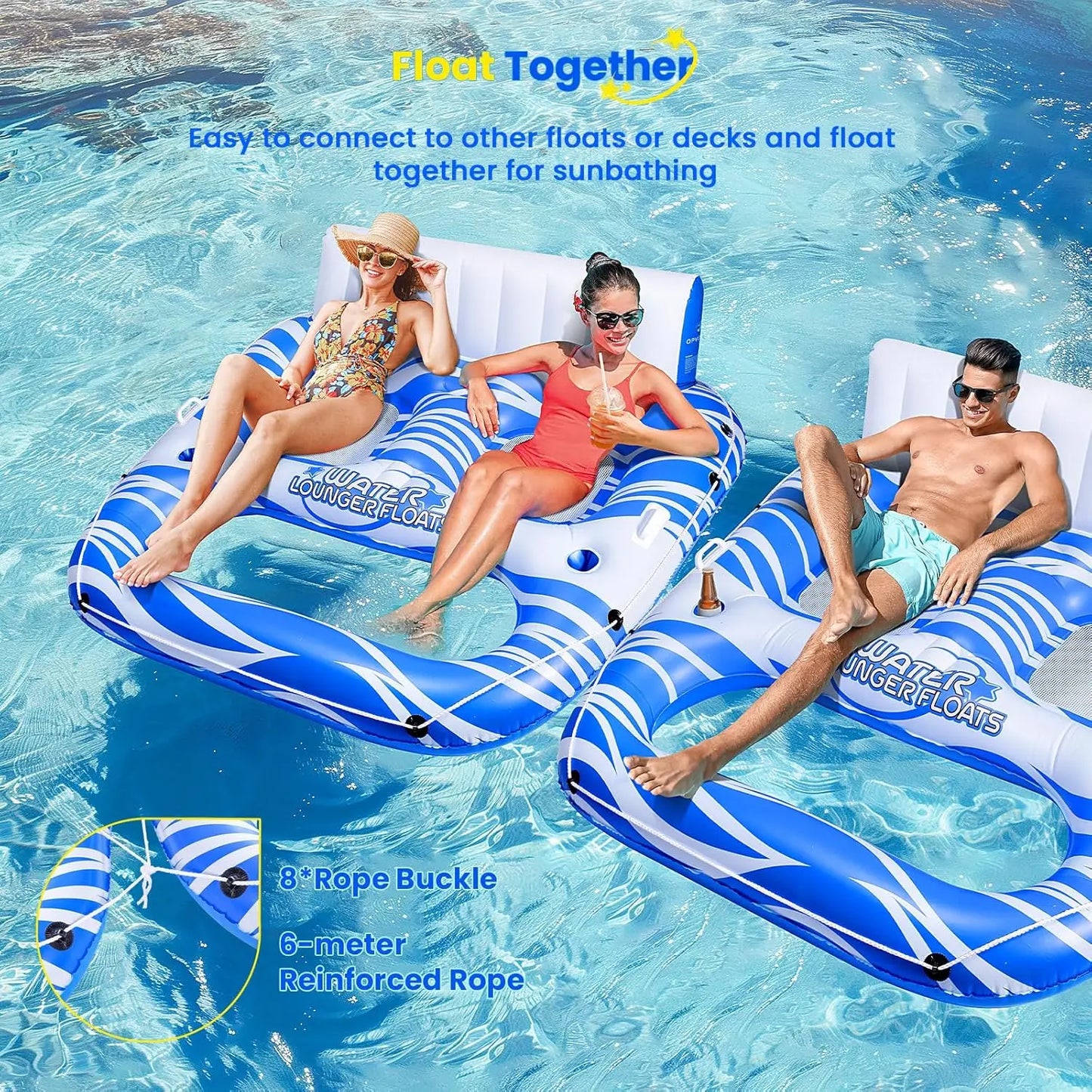 Large Inflatable Pool Lounger Cup Holders Backrest Footrest For Adults 300 Lbs