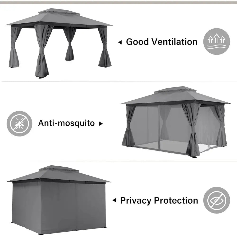 Durable 10x13 Outdoor Gazebo Double Roof Mosquito Netting Privacy Screen Gray