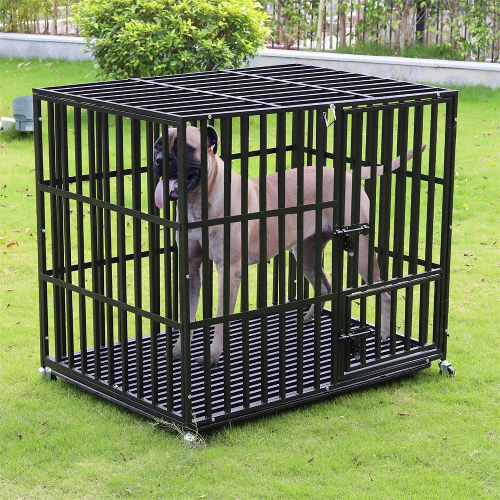 XXL Heavy Duty Dog Crate With Lockable Wheels And Tray Square Tube Metal Kennel