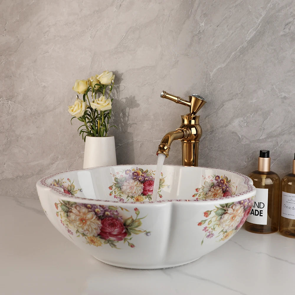 ZAPPO Ceramic Sink Above Counter Round Petal Pattern Faucet