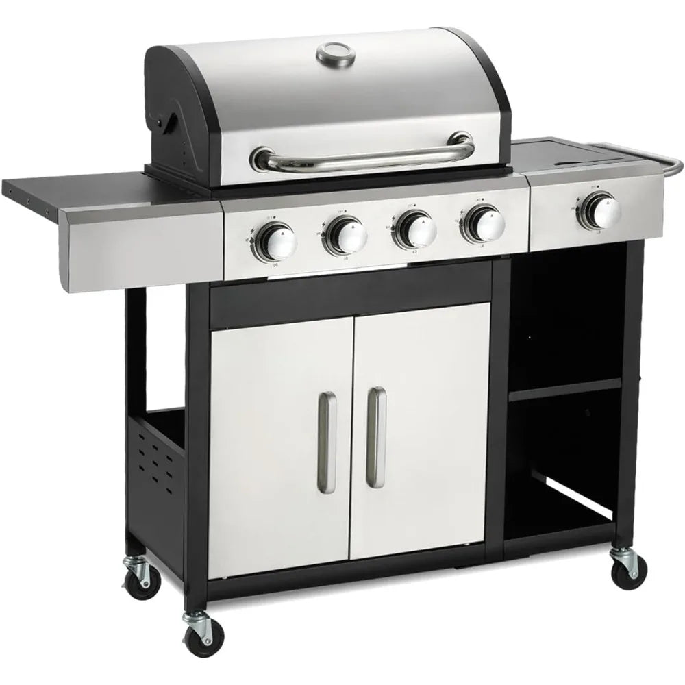 4 Burner Propane Gas Grill with Side Burner and Cabinet 49000 BTU Stainless Steel BBQ Grill Porcelain Enameled Cast Iron Grate