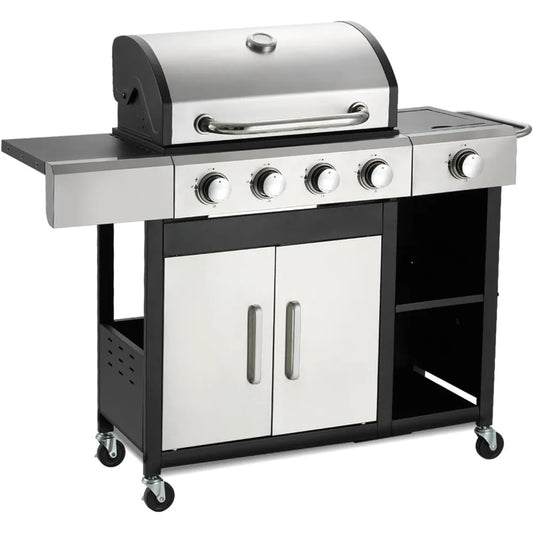 4 Burner Propane Gas Grill with Side Burner and Cabinet 49000 BTU Stainless Steel BBQ Grill Porcelain Enameled Cast Iron Grate