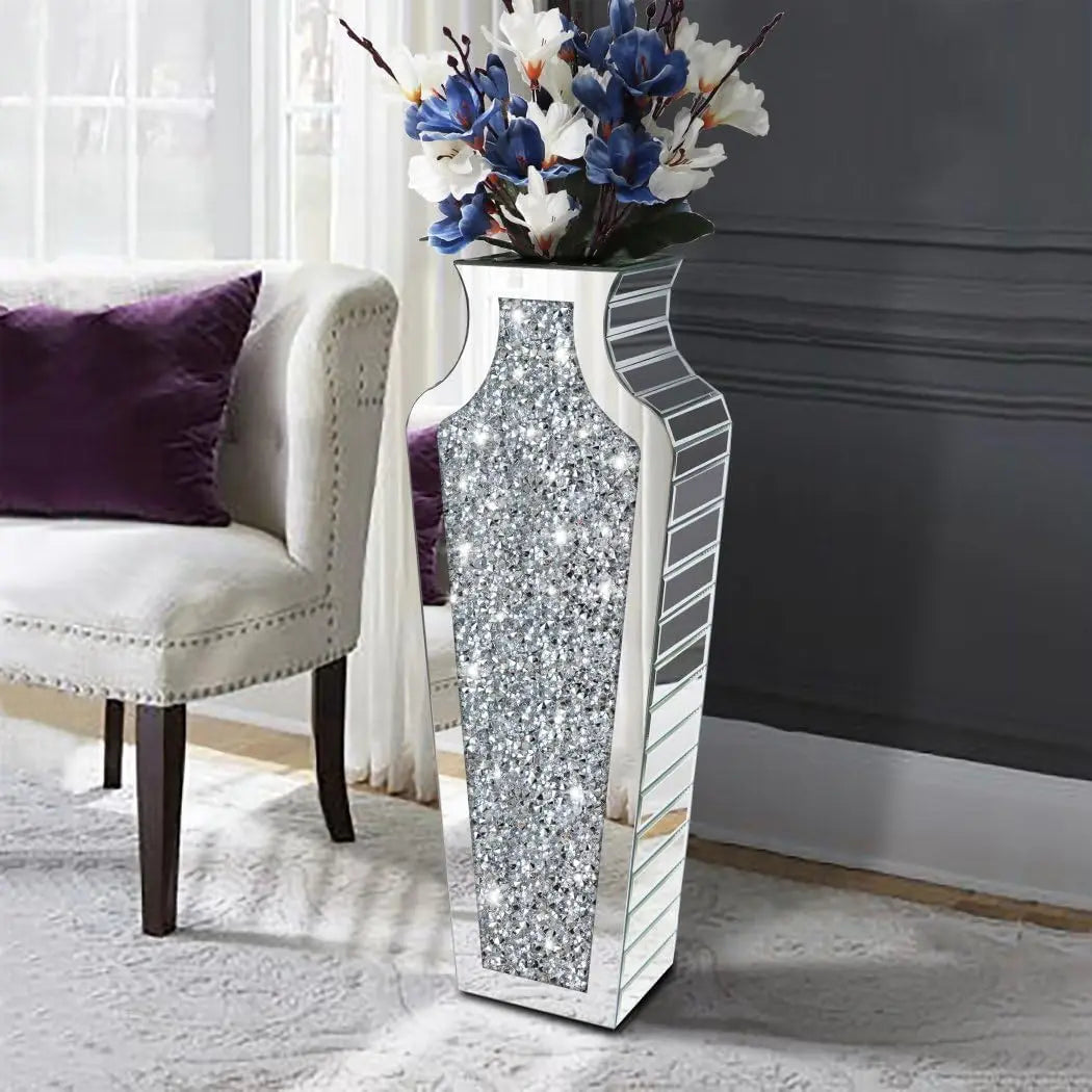 2 Shapes 68CM Crushed Diamond Decorative Mirrored Floor Vase Crystal Silver Glass Flower Vase for Pampas Grass and Artificial Flowers