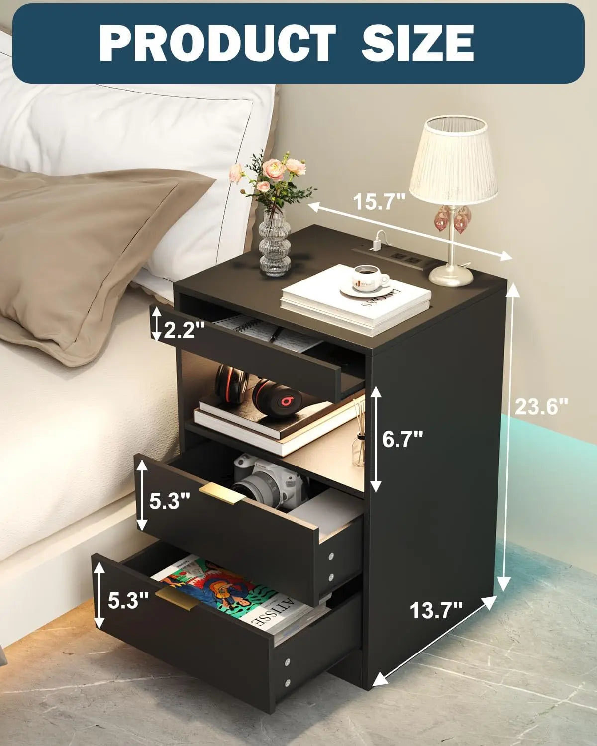 LED Nightstand With Charging Station 3 Drawers End Table