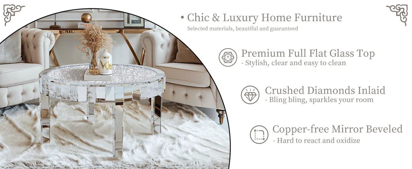 Mirrored Coffee Table Crystal Inlay 31 5 Inch Modern Round