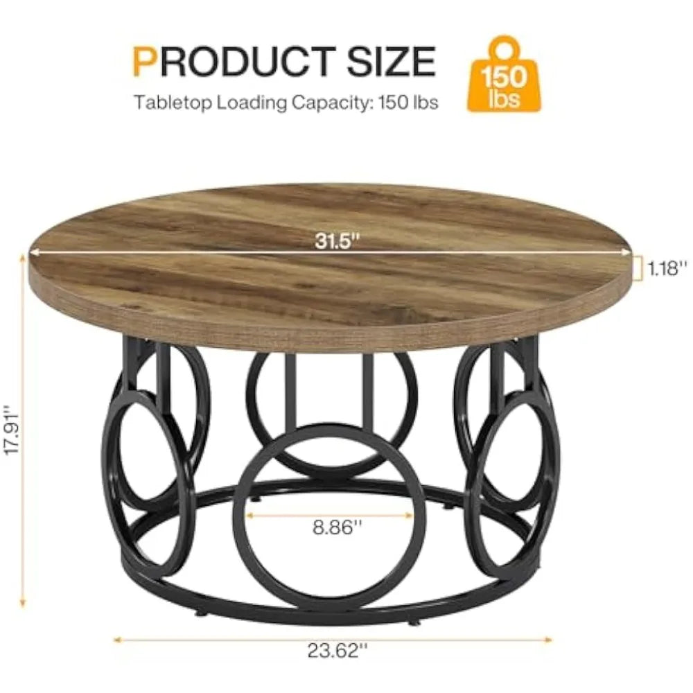 31.5 Inch Round Coffee Table Metal Base Rustic Modern Wood