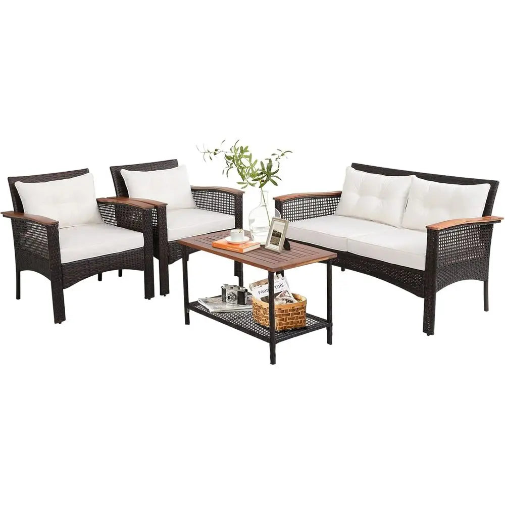 4 Piece Outdoor Patio Furniture Set With Cushions White For Lawn Porch Poolside