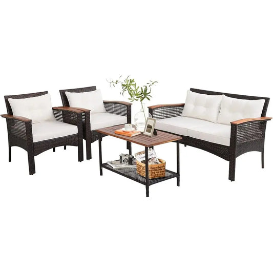 4 Piece Outdoor Patio Furniture Set With Cushions White For Lawn Porch Poolside