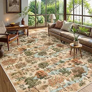Forest Print Washable 8x10 Area Rugs Dark Green Rugs for Living Room Non Slip Ultra Thin Soft Boho Floral Bedroom Carpet
