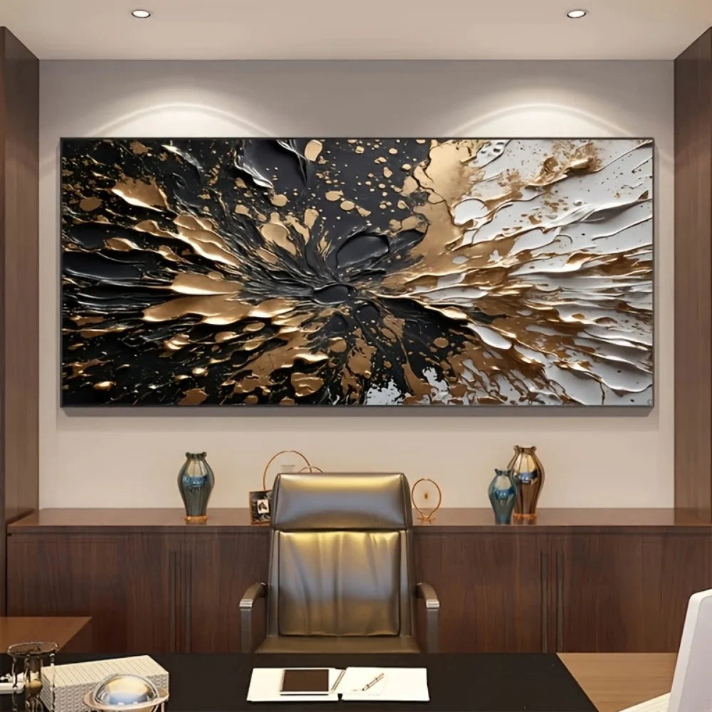 Modern Abstract Black Gold Ink Splash Wall Mural With Pine Frame
