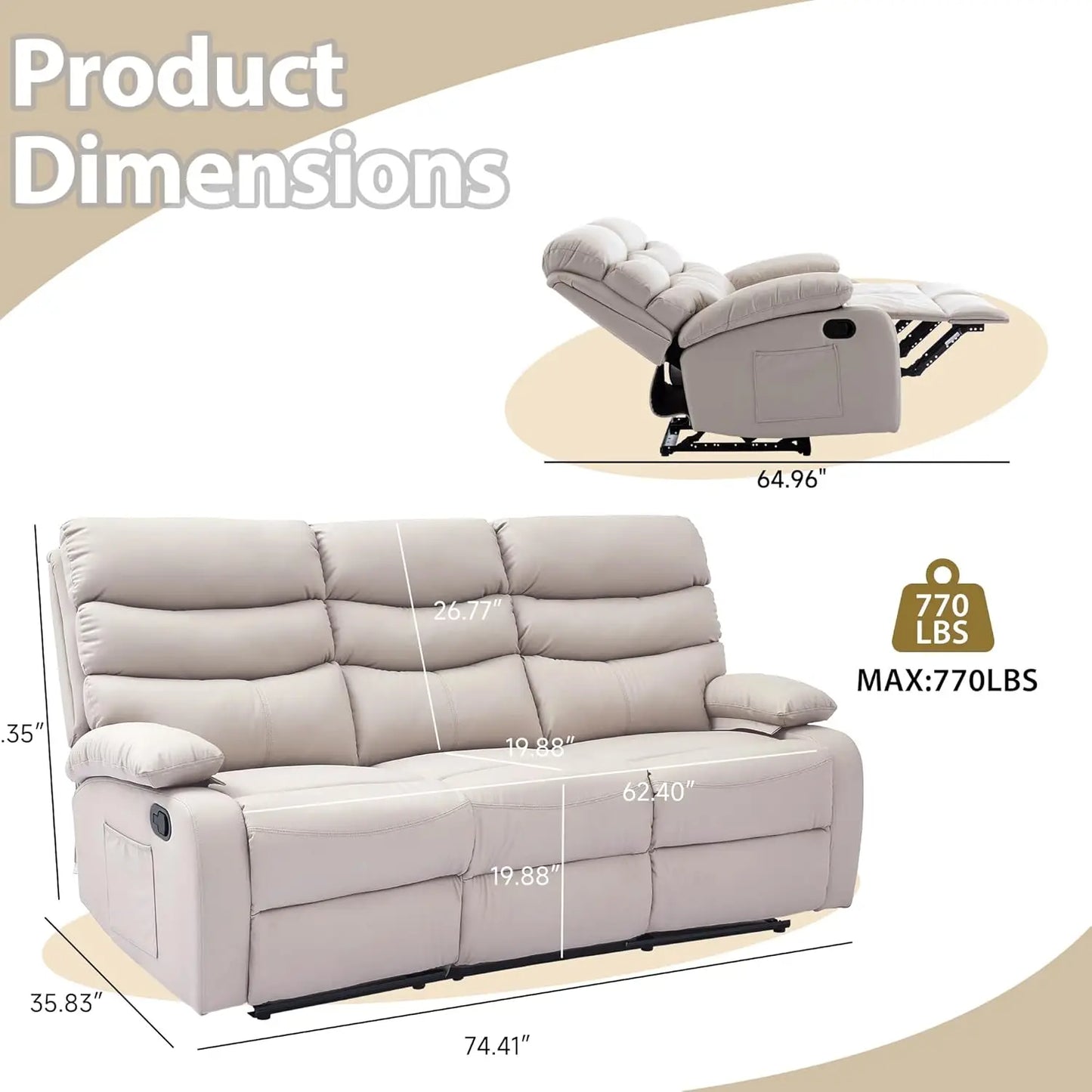 3 Seat Manual Reclining Leather Sofa With Overstuffed Arms Hidden Storage Beige