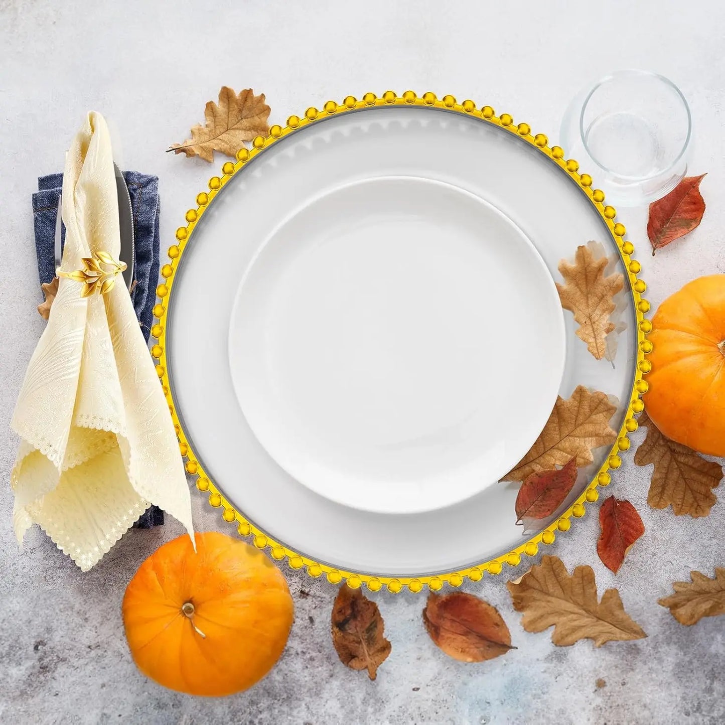 50 Set Clear Charger Plates Bulk 13 Inch Beaded Plastic Charger Plates with Napkin Rings Acrylic Round Dinner Table Decorative Plates for Party Wedding Thanksgiving
