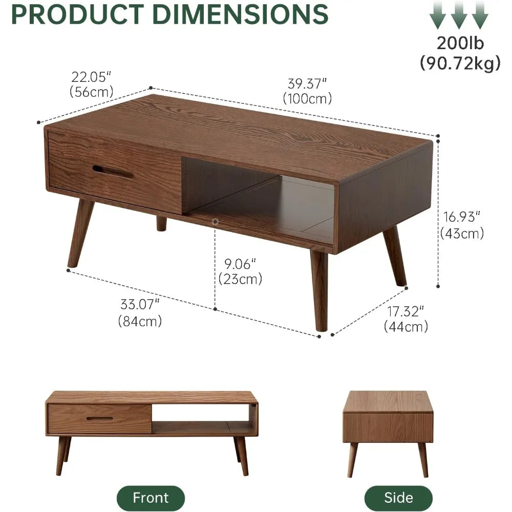 Solid Wood Coffee Table Storage Mid Century Modern 39in