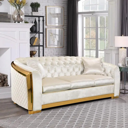 Beige Velvet Sofa Set 84 Inch Tufted 3 Seater With Gold Stainless Legs