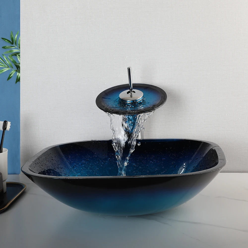 ZAPPO Tempered Glass Vessel Sink With Waterfall Faucet Blue