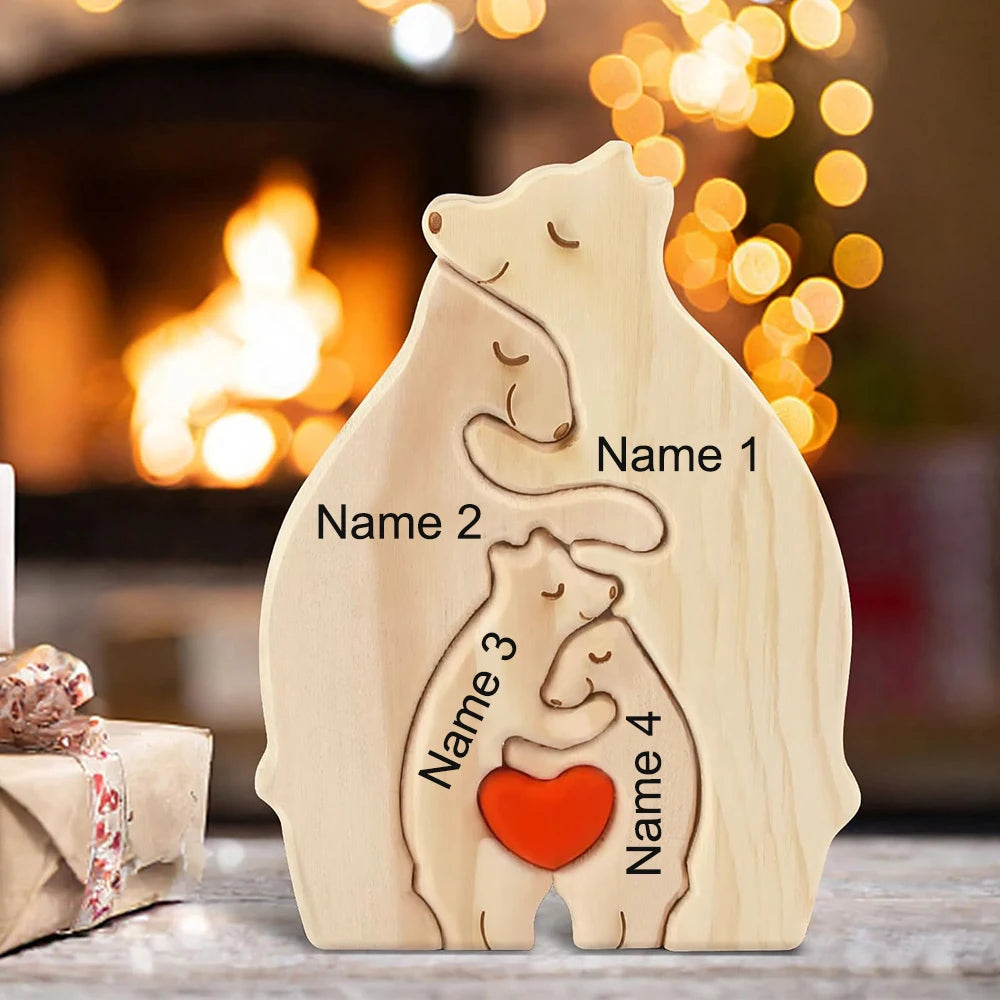 Personalized Custom Bear Family Wooden Puzzle DIY Free Engraving Name Sculpture Home Desk Decor Figurines Christmas Birthday Gift