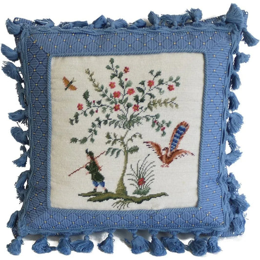 C F Home Colonial Williamsburg Boy and Peacock Needlepoint Throw Pillow 16 x 16 Blue