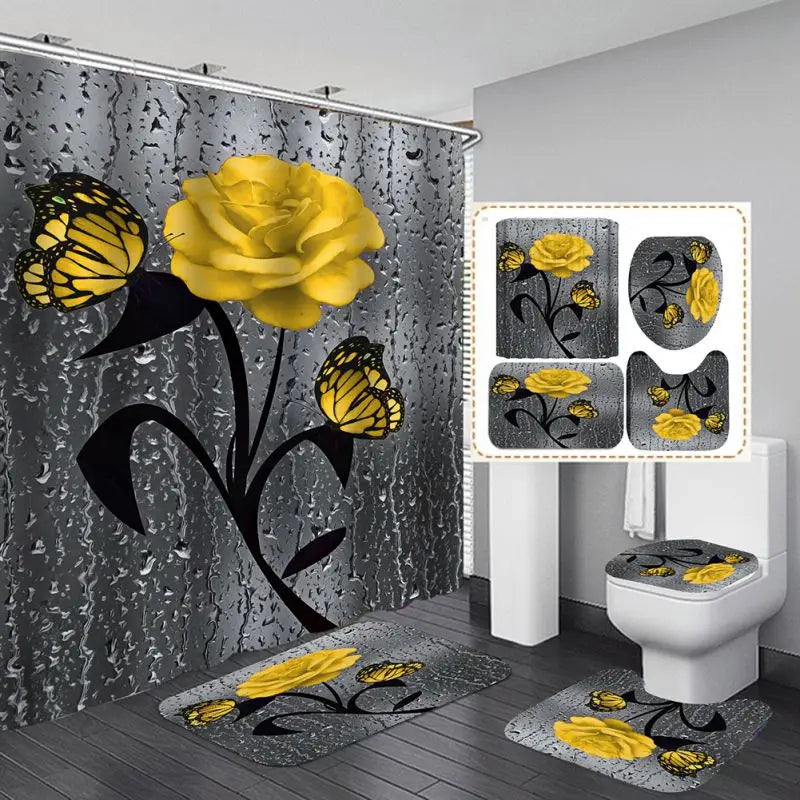 Four Piece Floral Polyester Bathroom Accessory Set Non Slip