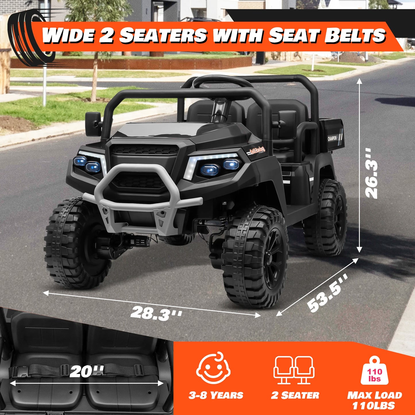 Joyracer 24V Ride On Car 4WD Dual Seater With Remote Control Dump Bed Shovel