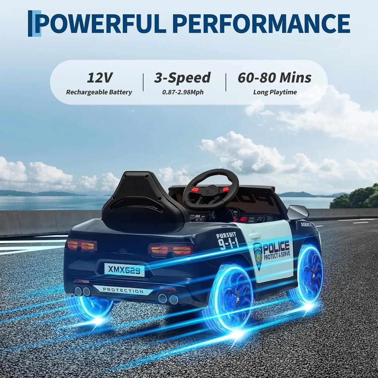 12V Police Ride On Car For Kids With Remote Control Lights Tones Music