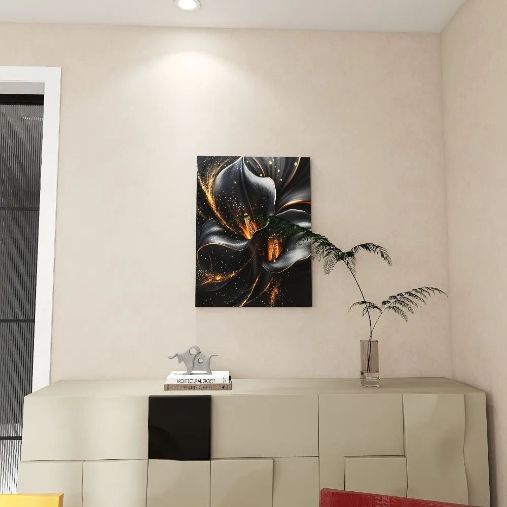 1.5 Inch Pine Frame Canvas Art With Black And Gold Calla Lily Design