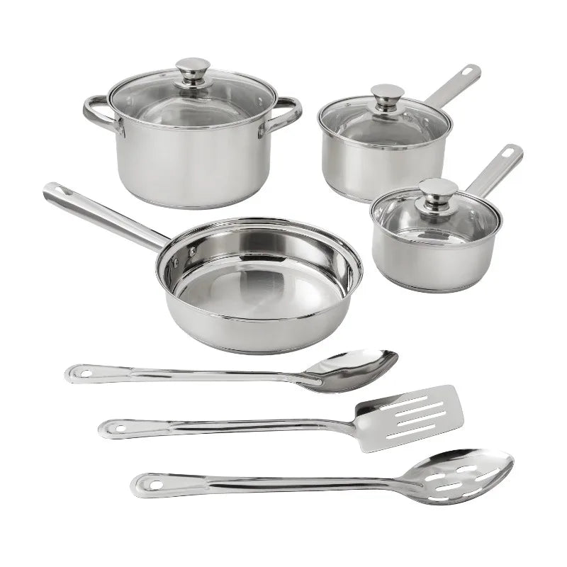 10 Piece Stainless Steel Cookware Set Pots and Pans Kitchen Cooking Set with Stay Cool Handles Dishwasher Safe Silver