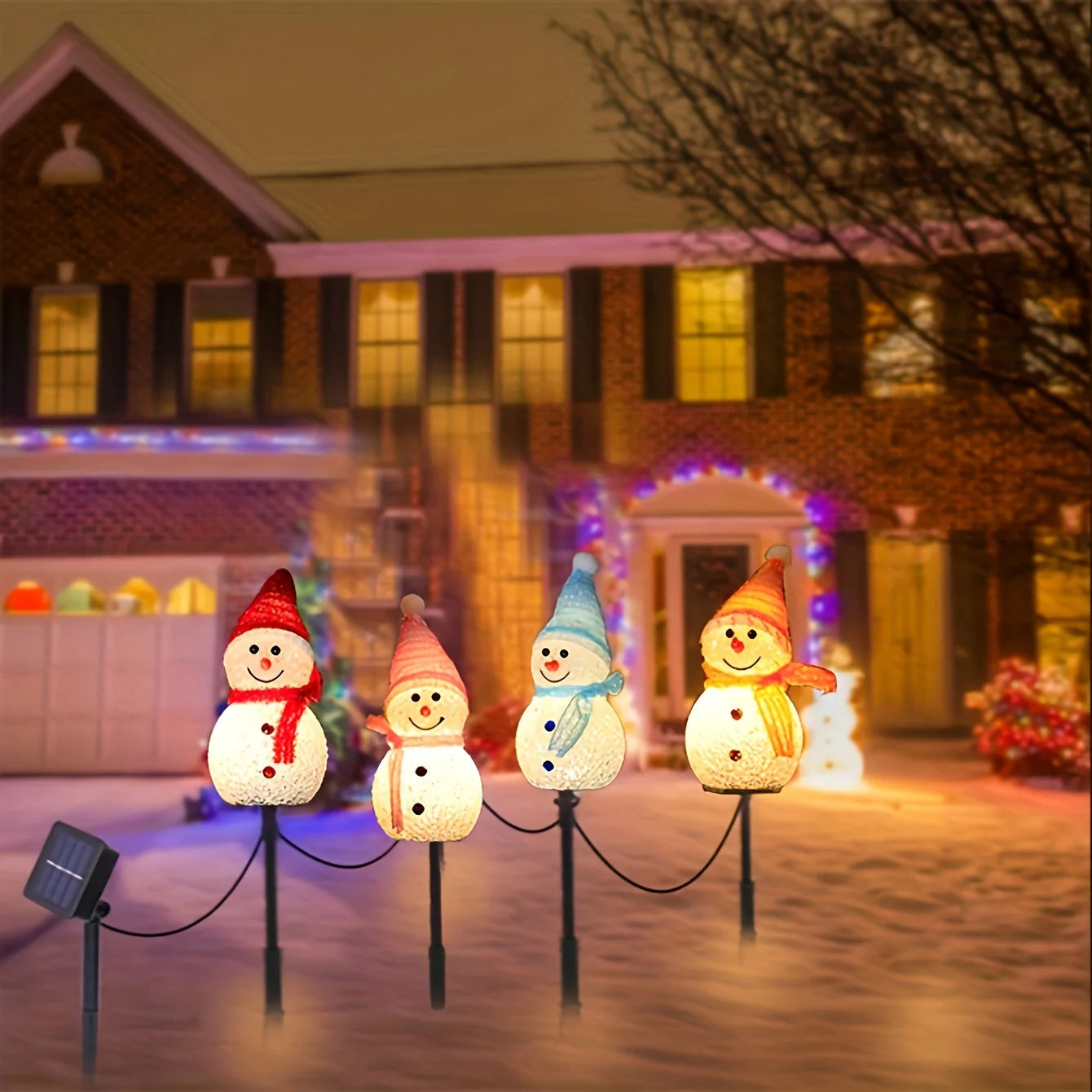 Solar Powered Snowman Lights 4-Piece Set With 1 Solar Panel Christmas Lawn LED