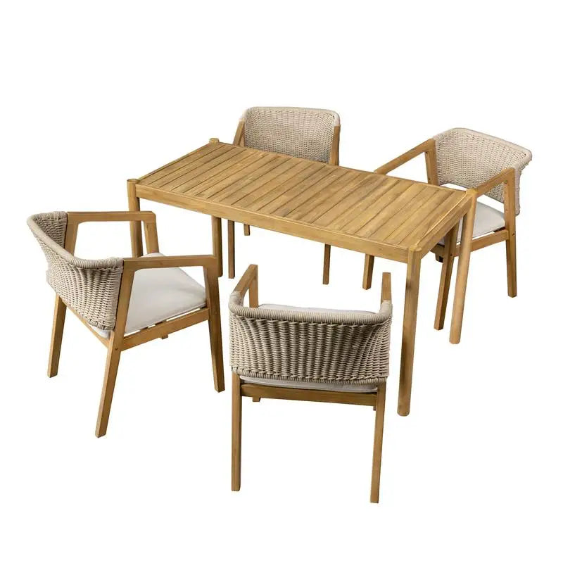 Bamboo Outdoor Dining Set 5 Piece Table And 4 Chairs Teak Beige Finish