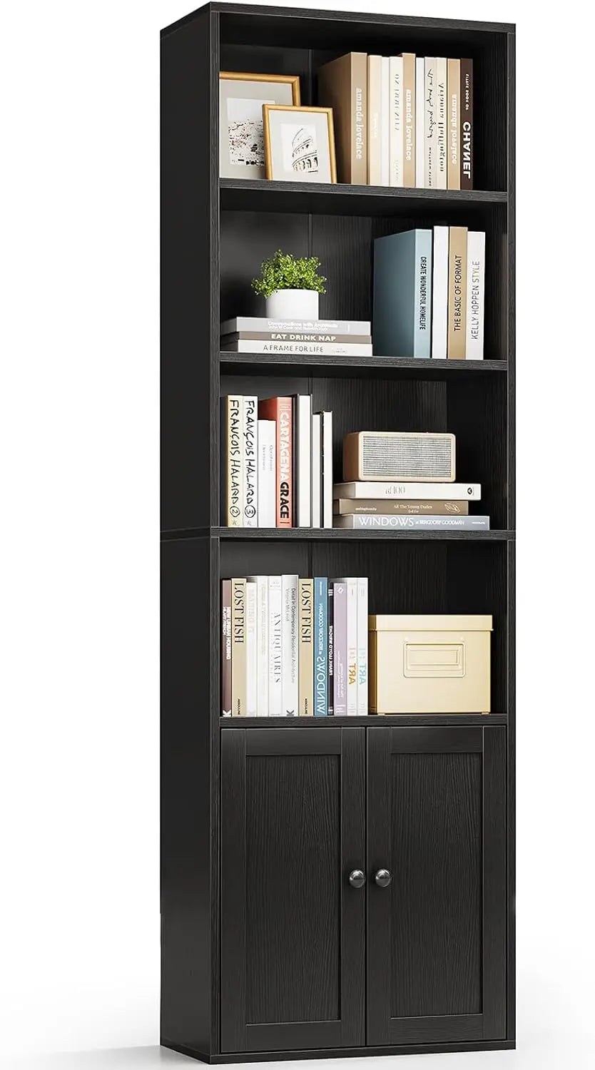 Casaottima Black 6 Tier Bookcase With Doors Floor Standing Home Office