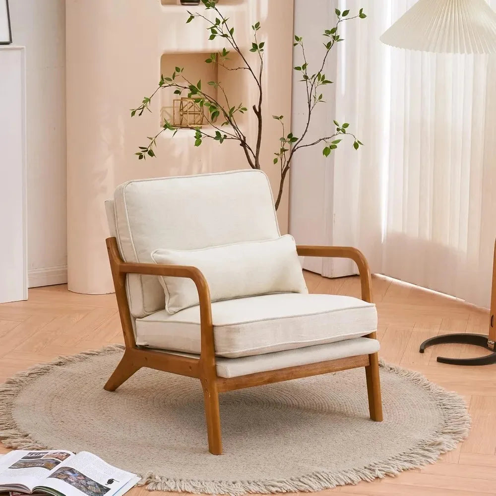 Mid Century Modern Corduroy Upholstered Lounge Armchair With Wood Frame