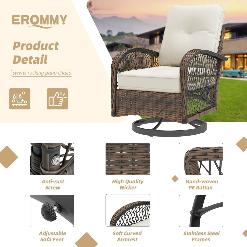 3 Piece Patio Furniture Set With Wicker Swivel Rocker Chairs And Cushions