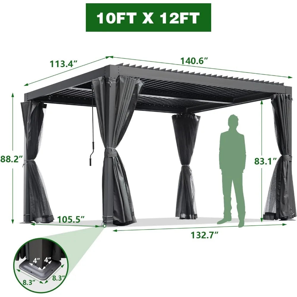 10x12 Aluminum Louvered Pergola With Adjustable Louvered Roof and Waterproof Curtains Outdoor Small Pergola