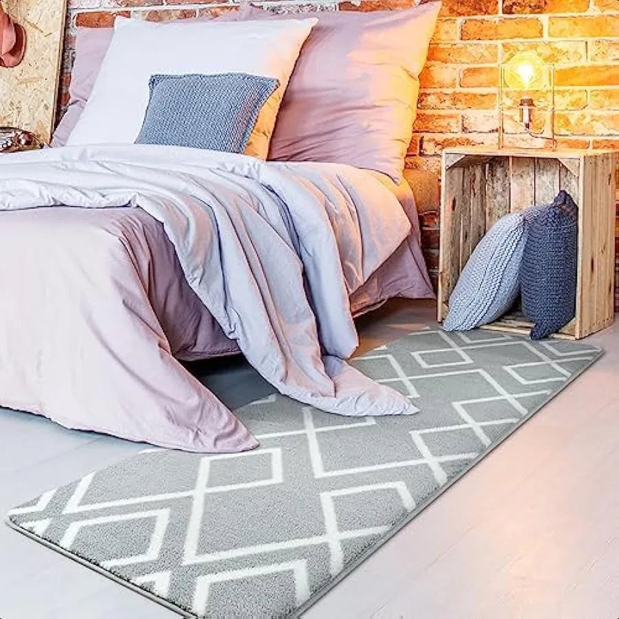Shag Runner Rug for Bedroom 2x6 Feet Grey Area Rugs with Memory Foam for Hallway Bedside Fluffy Shaggy Washable Moroccan Geometric Pattern