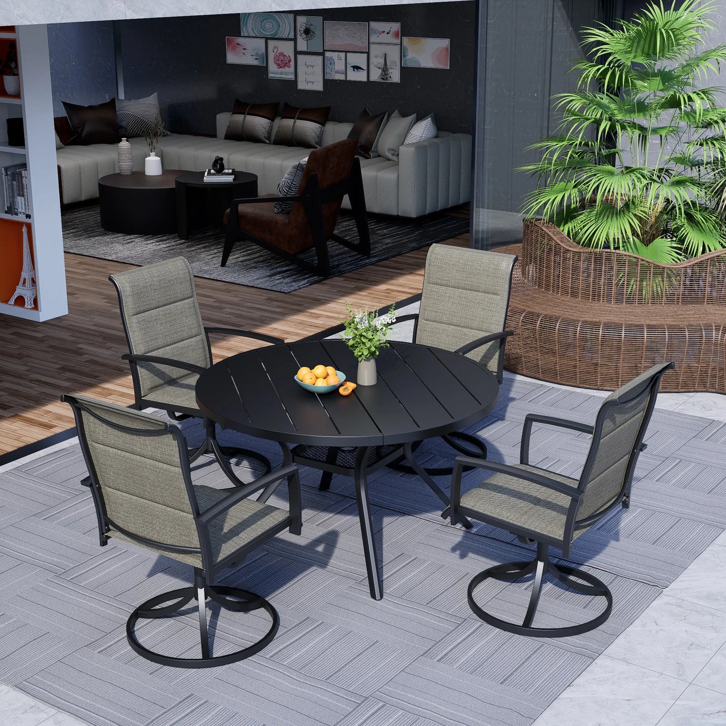 Bigget 5 Piece Dining Set With 42in Round Table Taupe Textilene Swivel Chairs