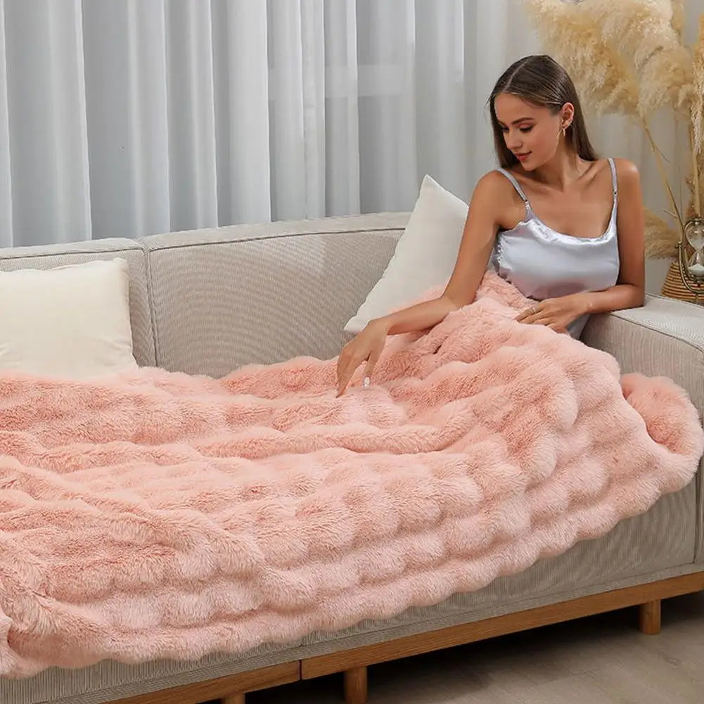 Winter Thickened Fuzzy Plush Throw Blanket Lightweight Ultra Soft Faux Rabbit Fur Bubble Design