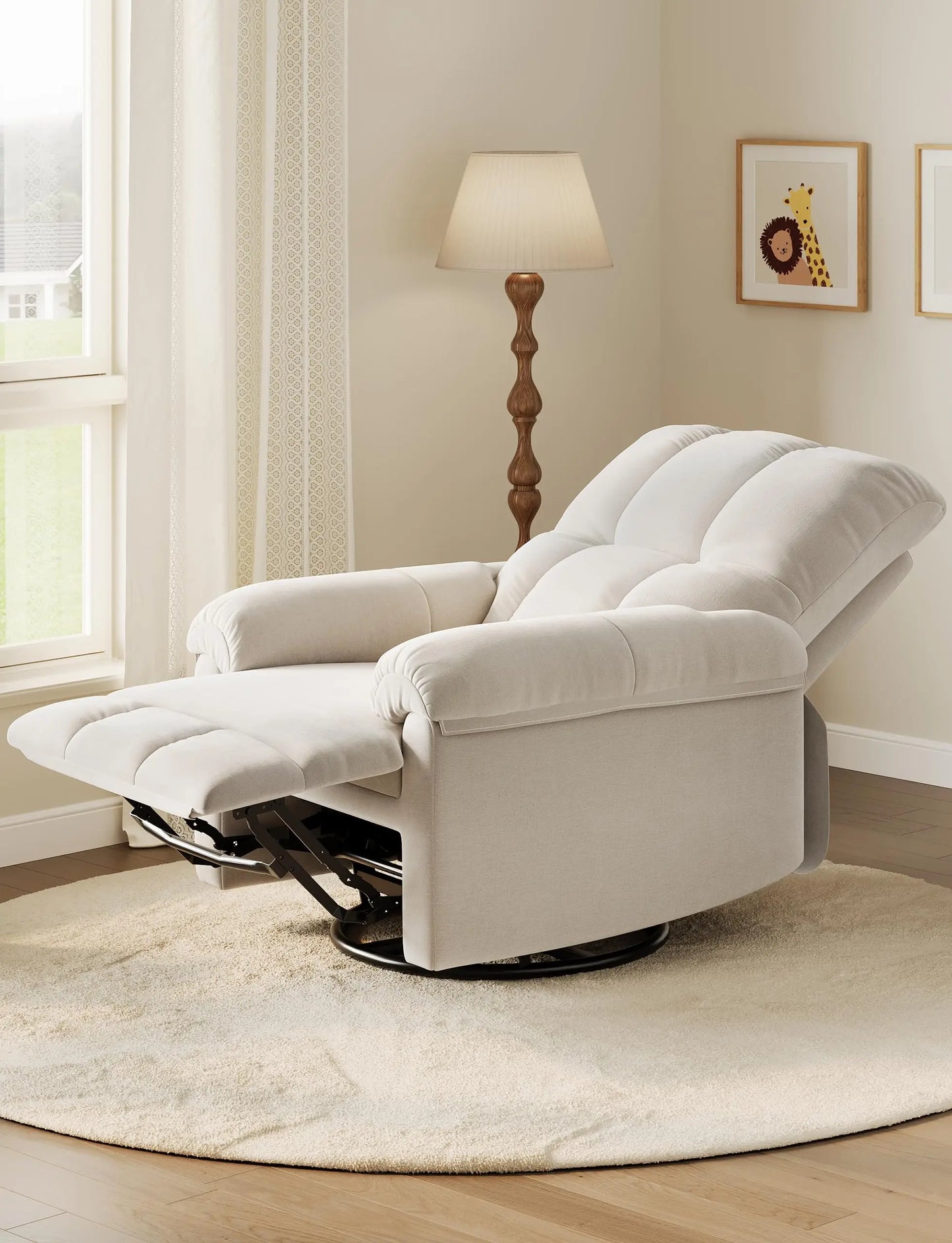 Oversized Overstuffed Chenille Recliner With Swivel Rocker And Padded Armrests