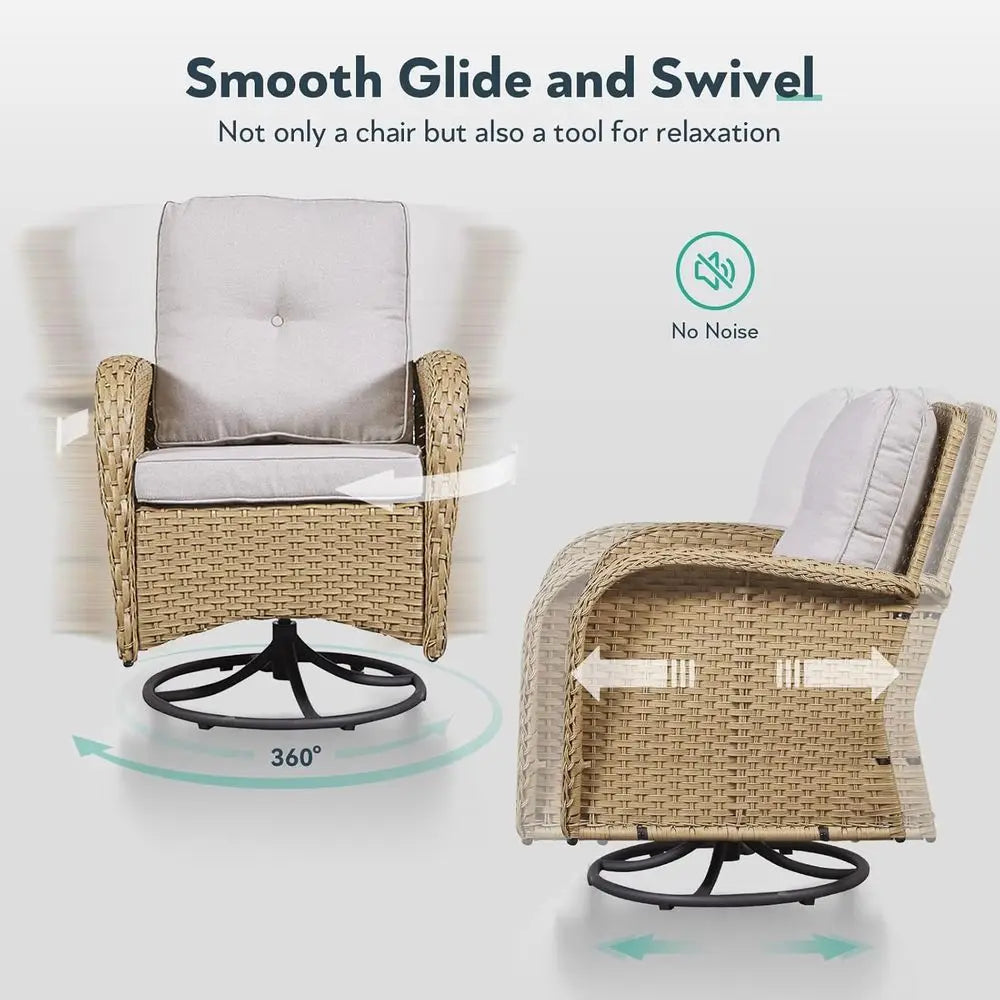 Four-Piece Patio Swivel Glider Rocker Set With Side Tables Beige Cushions