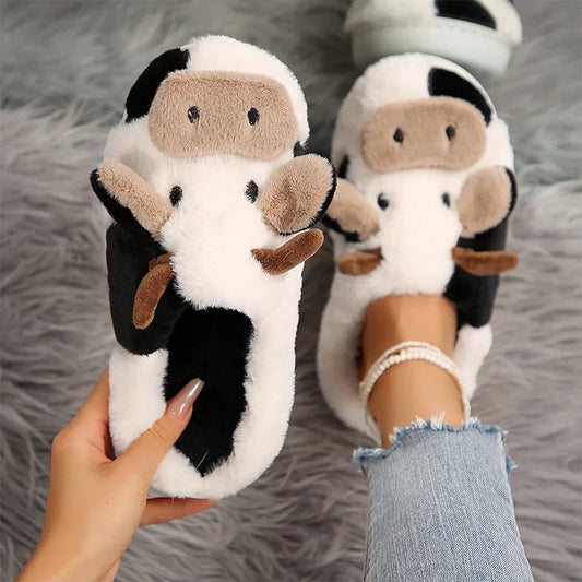 Ladies Winter Slippers Cute Cartoon Heart Animal Cow Fur Warm Anti Slip Indoor