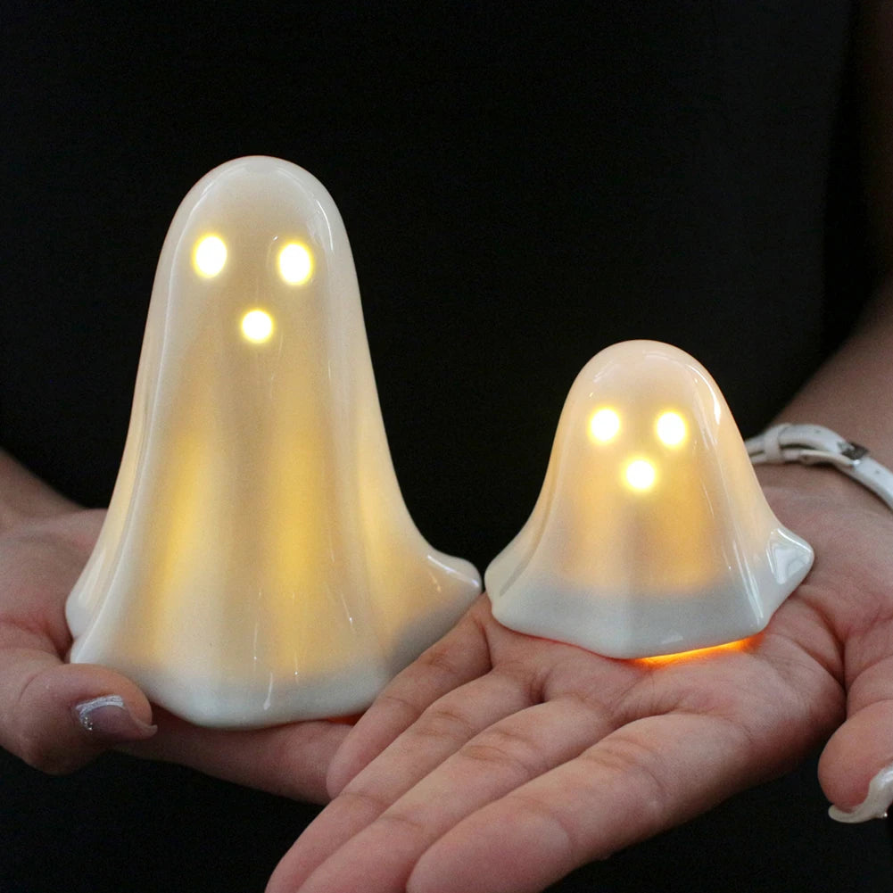 Halloween LED Light Up Ghost Decor Handmade Ceramic Ghost Sculpture Illuminated Desktop Decoration