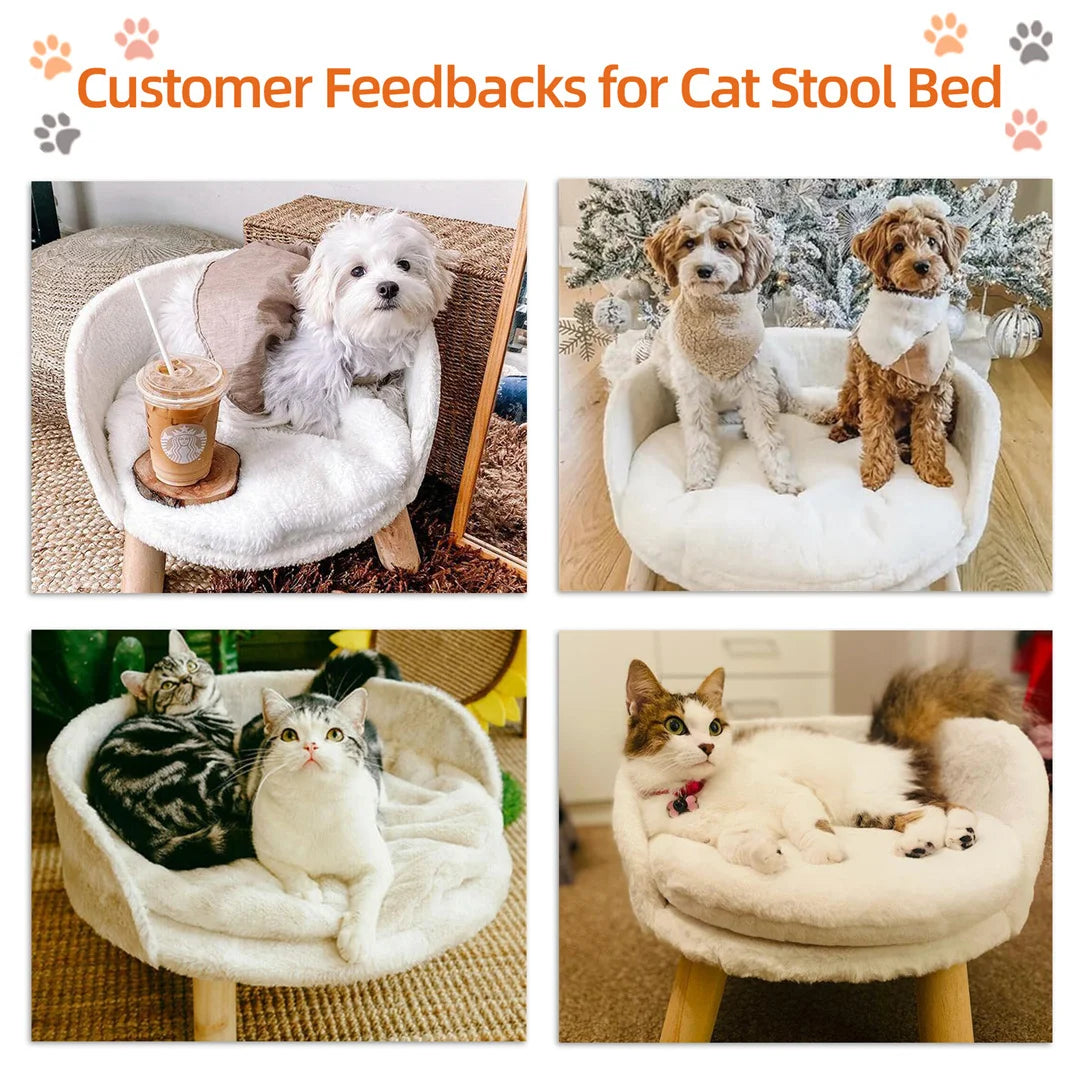 Luxury Cat Bed Soft Warm Plush Fabric Pet Nesting Chair Bed Stool with Washable Waterproof Cushion Pad and Wood Legs for Small Pets