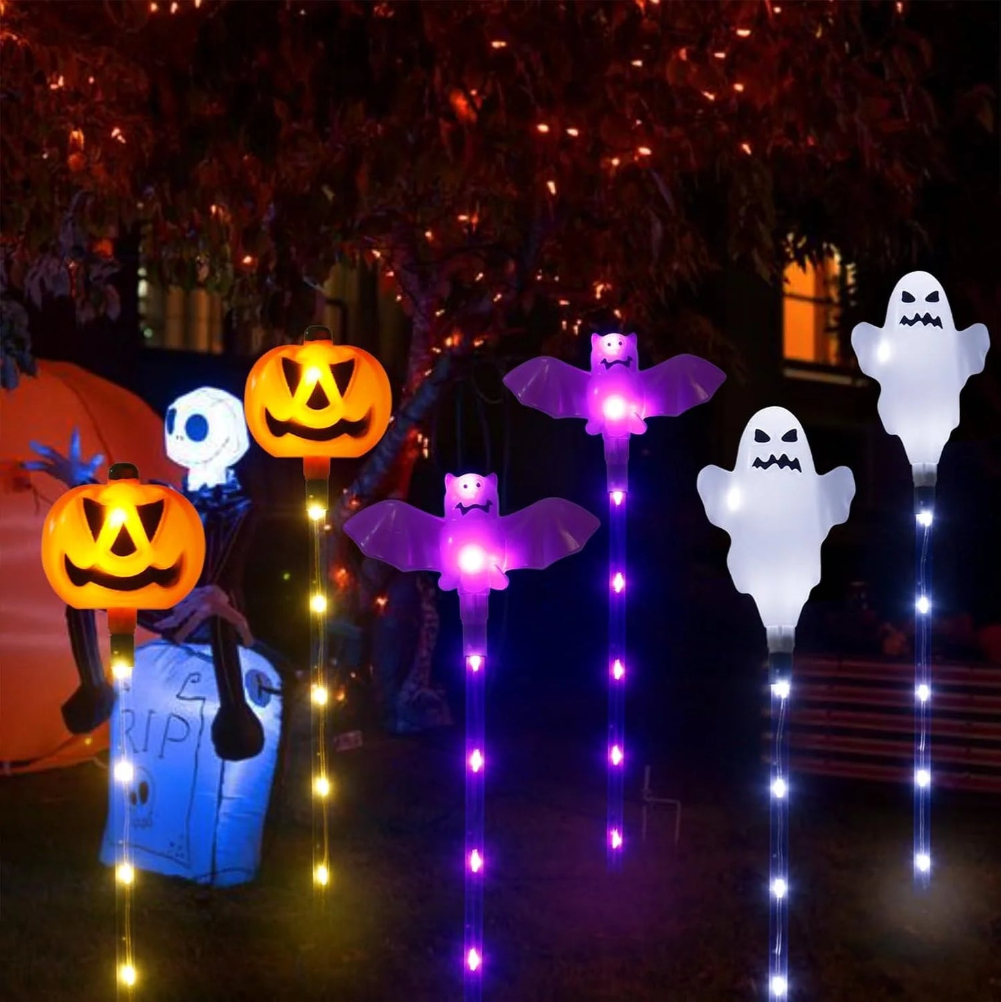 Solar Powered 8 LED Pumpkin Garden Stake Lights Halloween