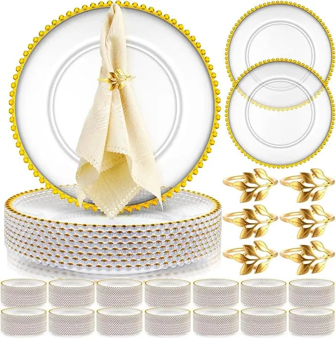 50 Set Clear Charger Plates Bulk 13 Inch Beaded Plastic Charger Plates with Napkin Rings Acrylic Round Dinner Table Decorative Plates for Party Wedding Thanksgiving