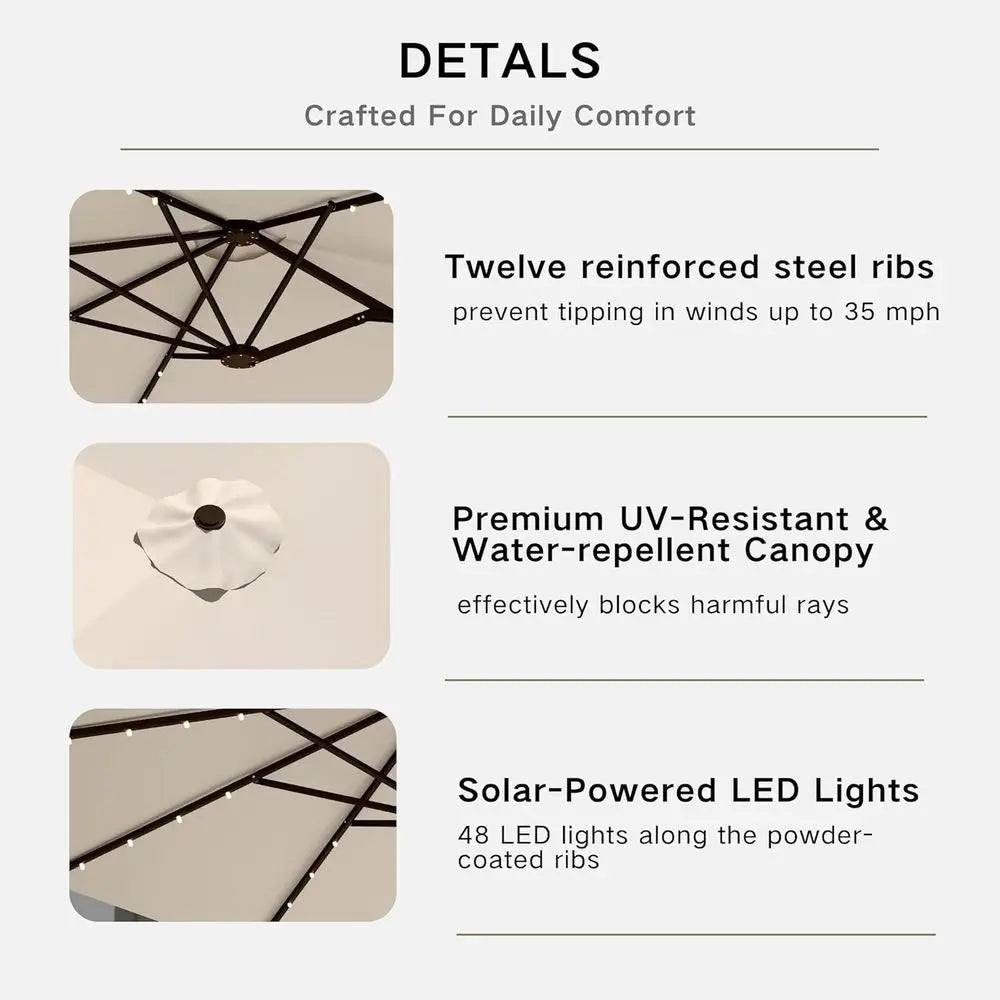 Solar Powered LED Patio Umbrella 13ft Rectangle With Crank Lift Base Beige