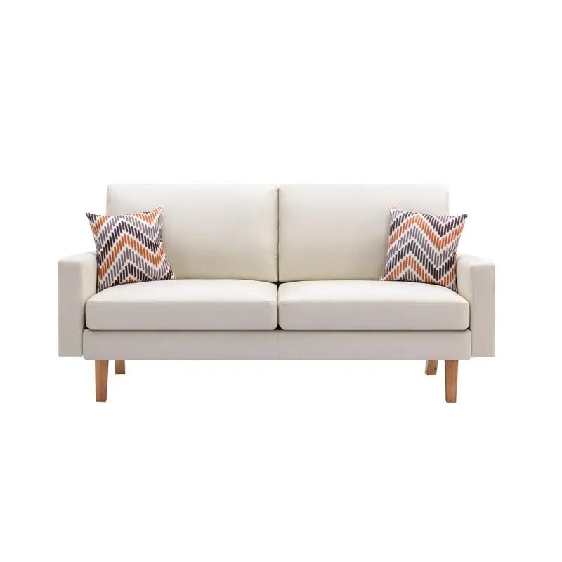 Beige Linen Sofa with 2 Throw Pillows 70 Inch Wide Comfortable Seating for Living Room Modern Design