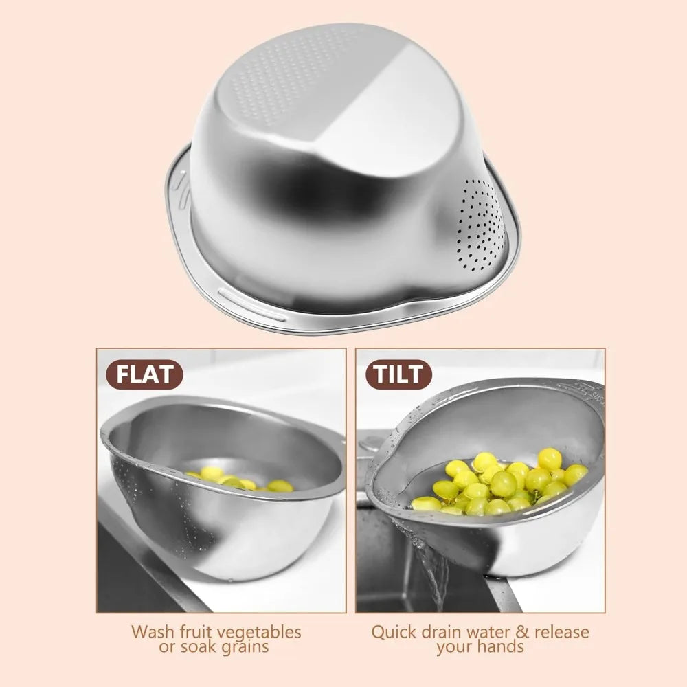 Stainless Steel Rice Washer Strainer Bowl With Side Drainers