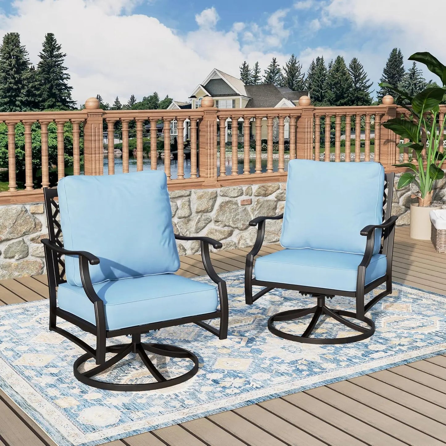Set Of 2 Swivel Patio Chairs High Back Outdoor Metal Cushioned Bistro Seating