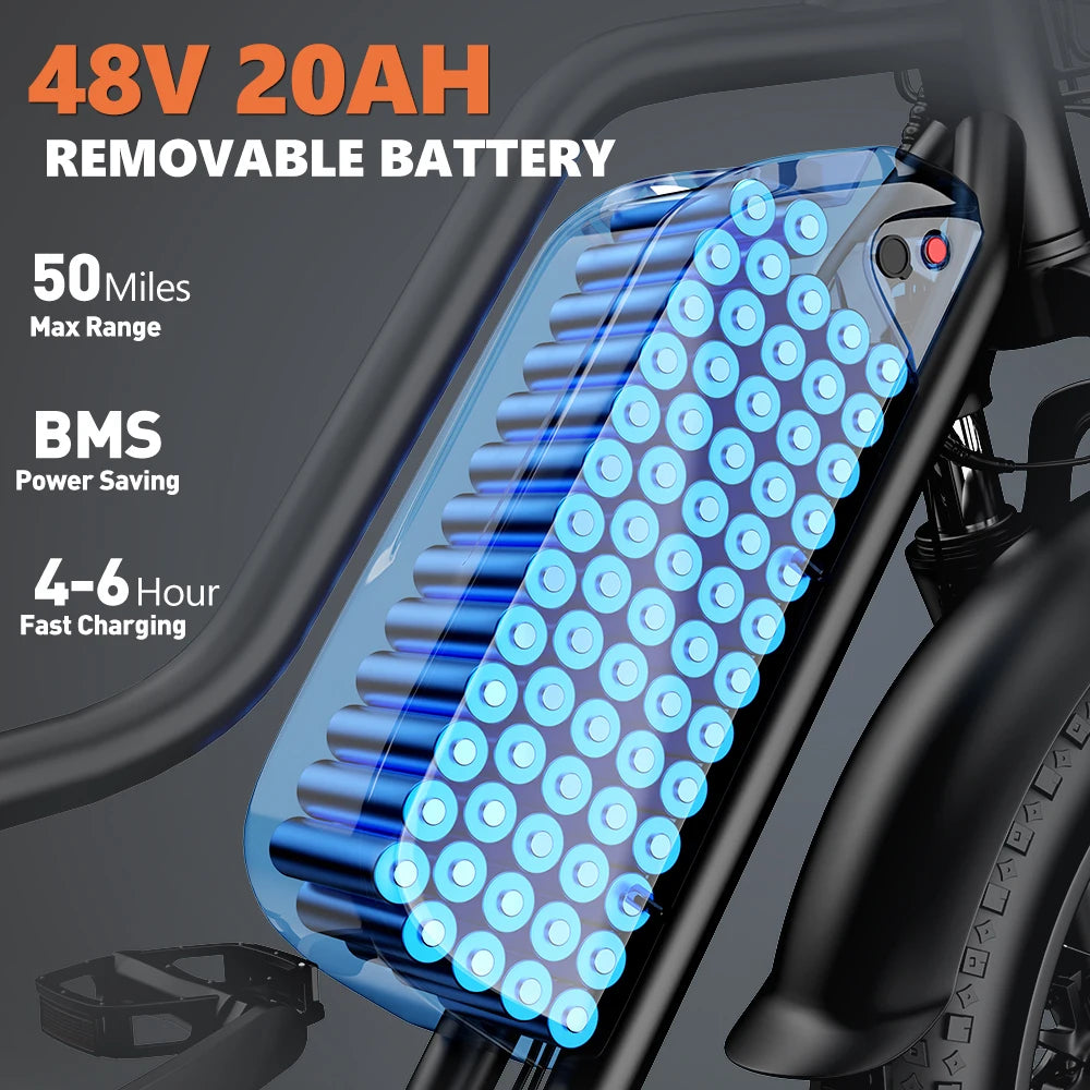 Electric Bike for Adults 20 Inch 1500W Peak Ebike Up to 50 Miles 32MPH Electric Mountain Bike with 48V 20AH Removable Battery