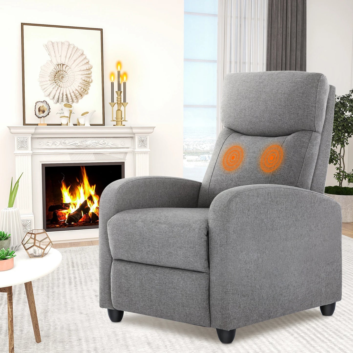 JHK Recliner Chair Massage Sofa Fabric Lumbar Support Grey