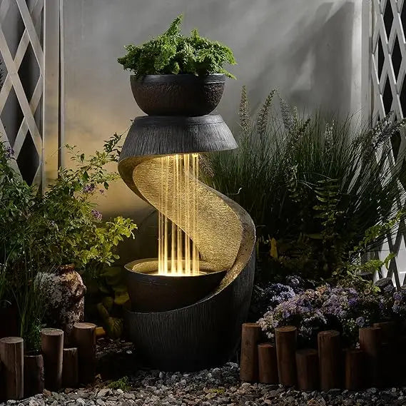 31.9 Inch S Shaped Outdoor Fountain With Led Lights