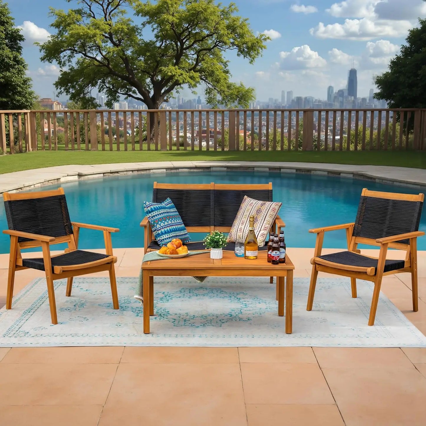Four Piece Acacia Wood Patio Conversation Set With Hand Woven Rope Seats Outdoor